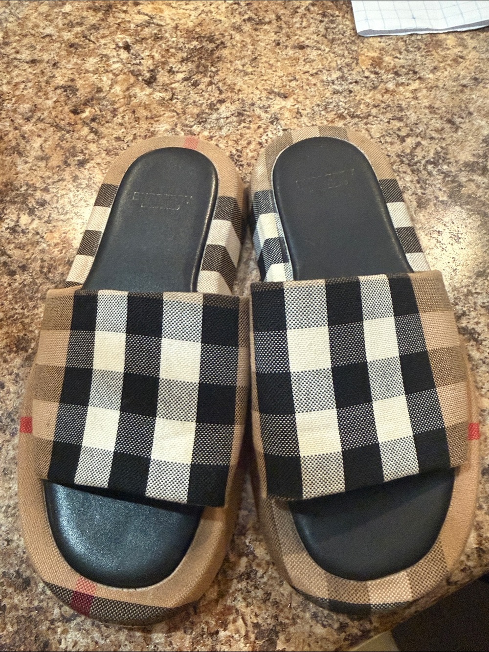 Burberry Black, Cream and Tan Plaid Slide Sandals